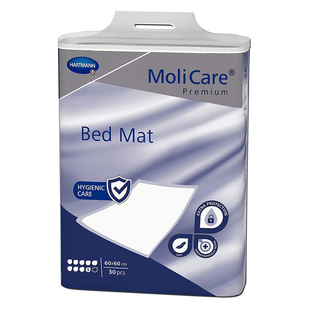 Bild von MoliCare Bettschutzeinlagen in Premium-Qualität, 30er-Pack, optimal für Schutz und Hygiene im Bett. Die Einlagen sind in der Größe 60 x 60 cm erhältlich und haben eine hohe Saugfähigkeit mit 9 Tropfen. Auf der Verpackung sind Produkteigenschaften und Anwendungshinweise abgebildet, um eine einfache Verwendung zu gewährleisten. Die Einlagen sind für Senioren und Personen mit Inkontinenz konzipiert, sorgen für Sicherheit und Komfort und sind diskret in der Anwendung.