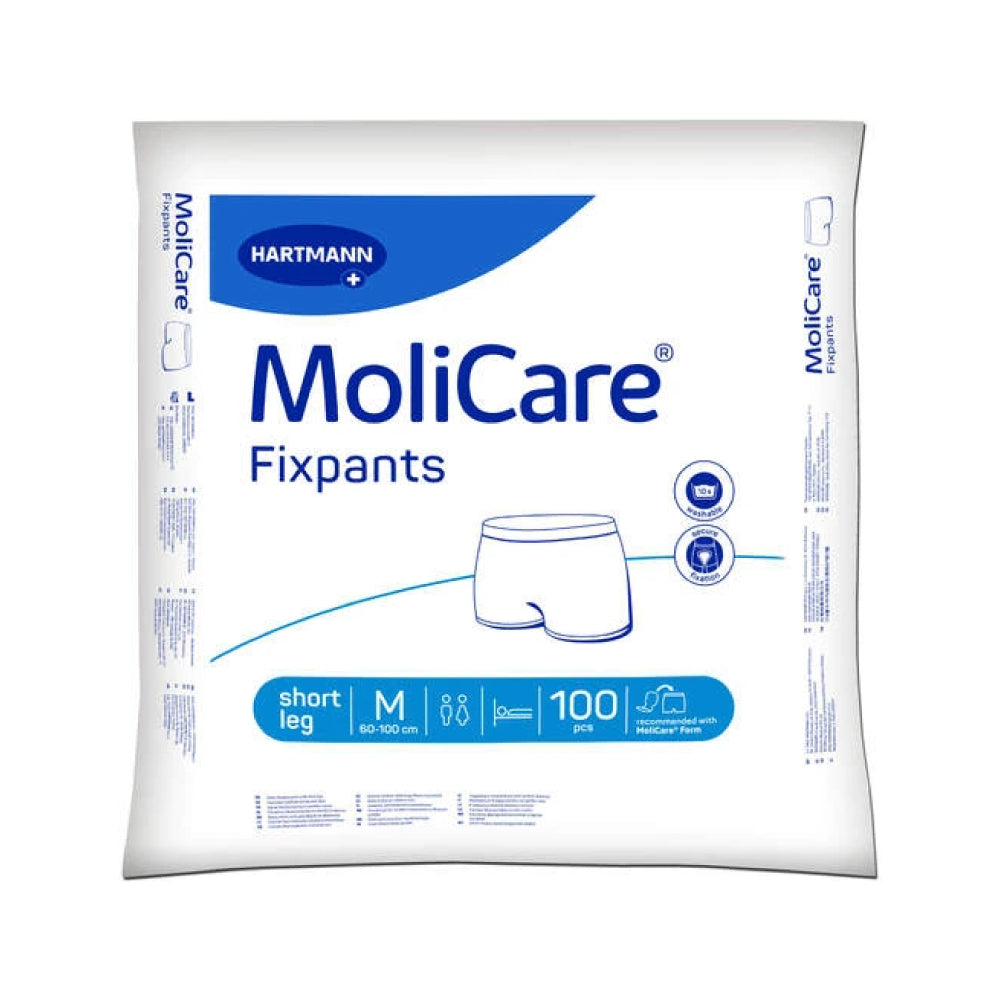 Frontalansicht einer Packung MoliCare Fixpants Short Leg Medium 100er Pack.