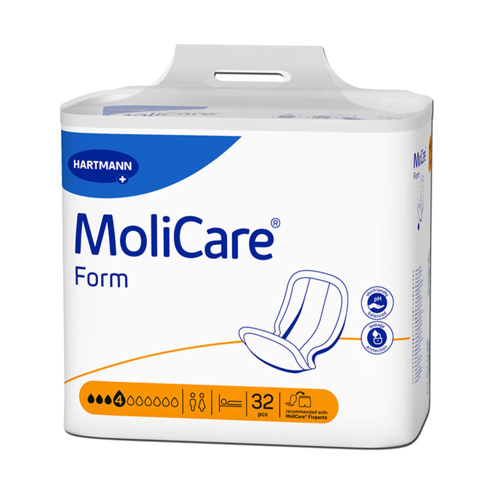 Molicare Form 4, hochwertige Inkontinenzvorlagen, auf einem weißen Hintergrund präsentiert. Die Verpackung zeigt ein ansprechendes Design mit klaren, lesbaren Informationen in verschiedenen Sprachen. Auf der Vorderseite sind die Produktspezifikationen sowie das Symbol für Stärke und Auslaufschutz abgebildet. Die Vorlagen sind für maximale Saugfähigkeit und Sicherheit konzipiert, ideal für Personen mit Inkontinenz.