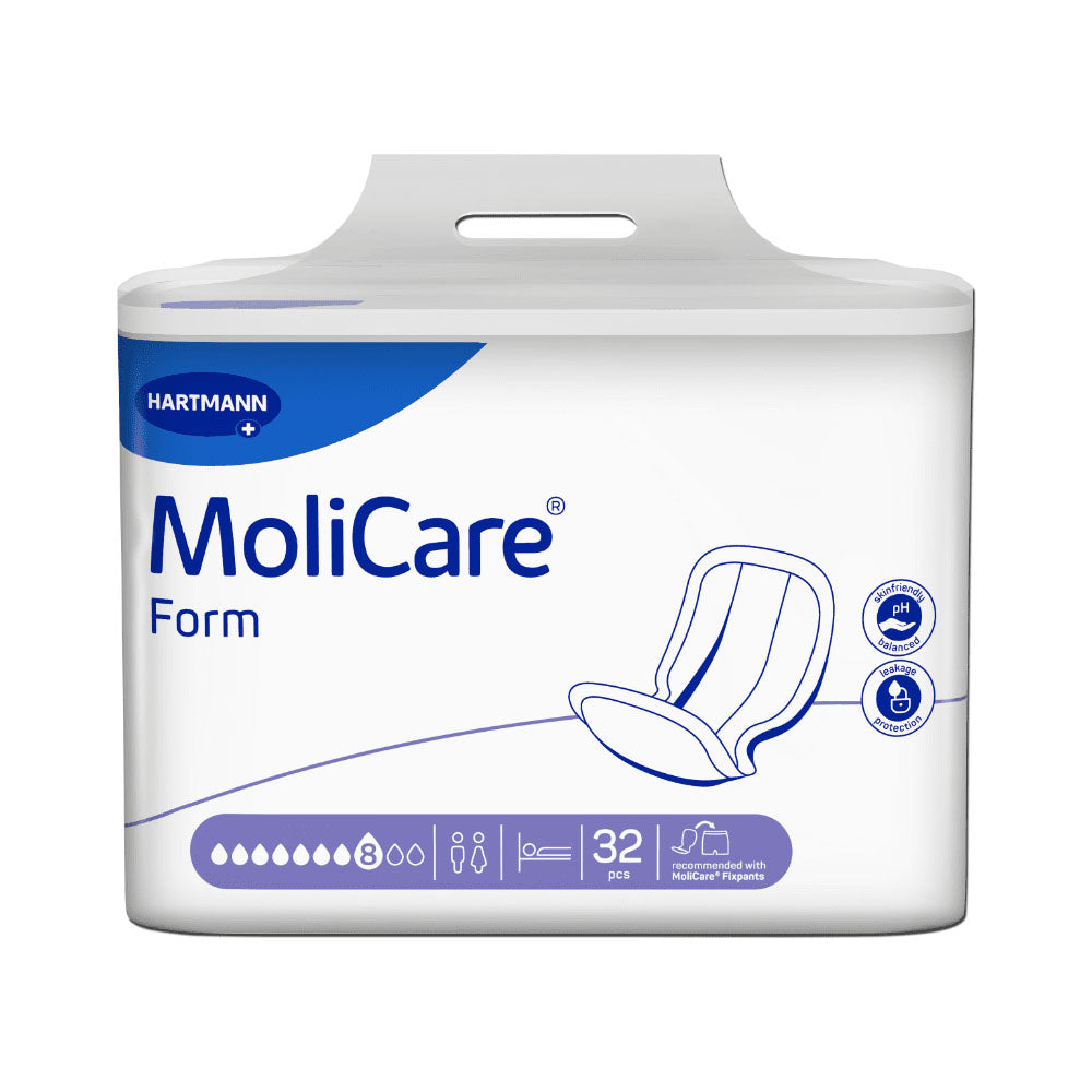Produktbild von Molicare Form 8, einer Inkontinenzvorlage für Erwachsene. Die Verpackung zeigt eine stilisierte Darstellung der Vorlage, die im Vordergrund abgebildet ist. Die Vorlage hat eine ovale Form und ist weich sowie atmungsaktiv. Im oberen Bereich der Verpackung sind die Produktdetails, einschließlich der Bezeichnung "Molicare Form 8", gut lesbar. Die Farben der Verpackung sind überwiegend in sanften Blautönen gehalten, während das Design modern und ansprechend wirkt.