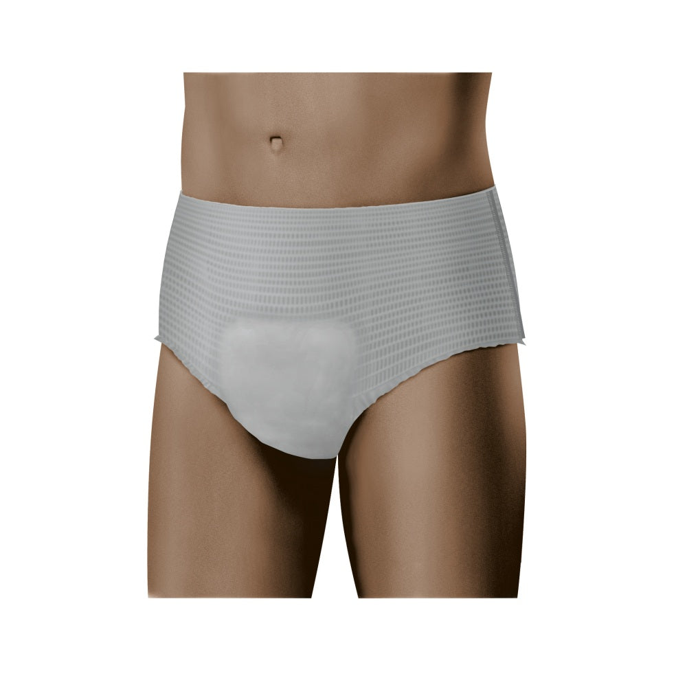 Auf dem Bild sind MoliCare Men Pants zu sehen, die in einer ansprechenden Verpackung präsentiert werden. Die Pants sind in einer neutralen Farbe und eignen sich für die tägliche Nutzung. Die Vorderseite der Verpackung zeigt ein männliches Modell, das die Pants trägt, wodurch deren Passform und Komfort hervorgehoben werden. Im Hintergrund sind sanfte Farbverläufe sichtbar, die dem Bild eine beruhigende Ausstrahlung verleihen. Der Produktname und wichtige Informationen sind ebenfalls klar lesbar dargestellt.