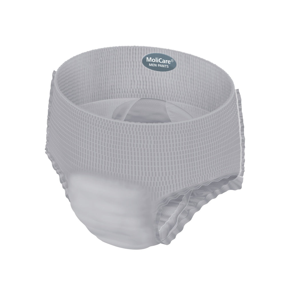 Das Bild zeigt eine Verpackung von MoliCare Men Pants, einem Produkt für Erwachsene. Die Verpackung ist in verschiedenen Blautönen gehalten und präsentiert die Größe M/L in einer gut leserlichen Schriftart. Auf der Vorderseite sind Hinweise zu den Attributen des Produkts, wie Komfort und Diskretion, abgebildet. Es sind auch Piktogramme zu sehen, die die Saugfähigkeit und die Eignung für aktive Männer hervorheben. Der Hintergrund ist hell, was die Produktinformation ansprechend zur Geltung bringt.