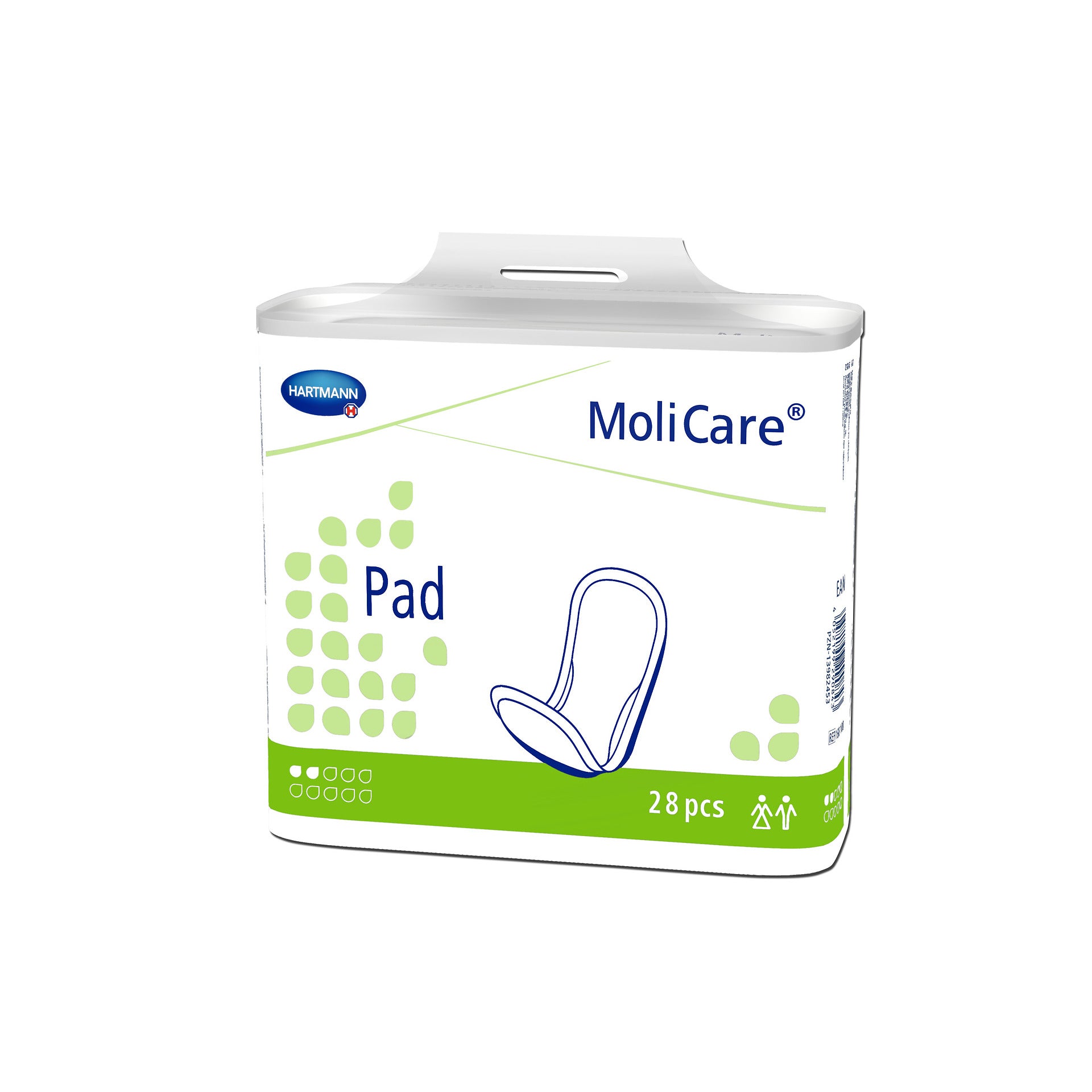 Produktbild eines MoliCare Inkontinenzeinlagen-Pads mit zwei Tropfen-Symbol, das auf einem weißen Hintergrund präsentiert wird. Die Einlage hat eine sanfte, einladende Oberfläche in hellem Weiß und ist in einer rechteckigen Form gestaltet. Der Fokus liegt auf der weichen Textur und der diskreten Ausführung des Produkts. Ergänzende Informationen sind in kleinen Texten auf der Packung sichtbar, die auf die Vorteile und die Anwendung des Pads hinweisen.