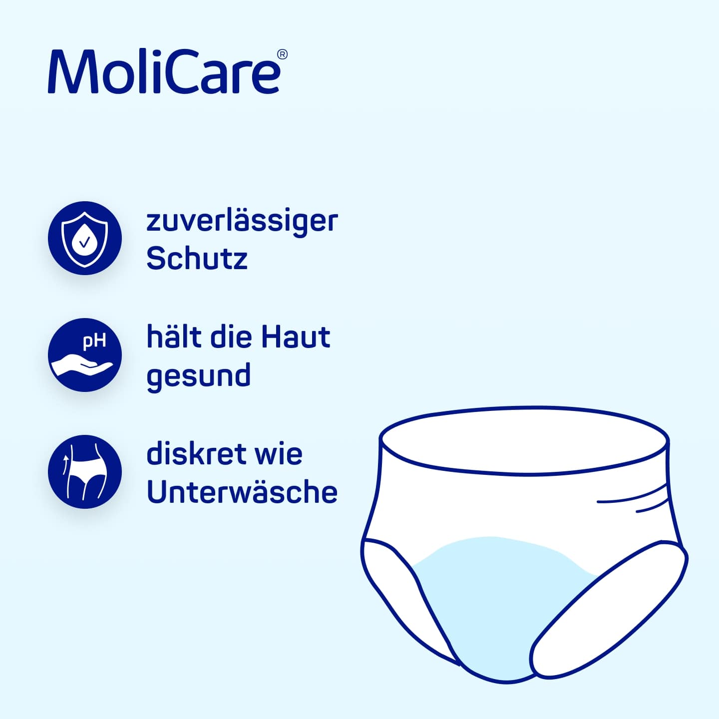 Hinweis auf Produktvorteile der MoliCare Pants Day: zuverlässiger Schutz, Hautgesundheit, Diskretion