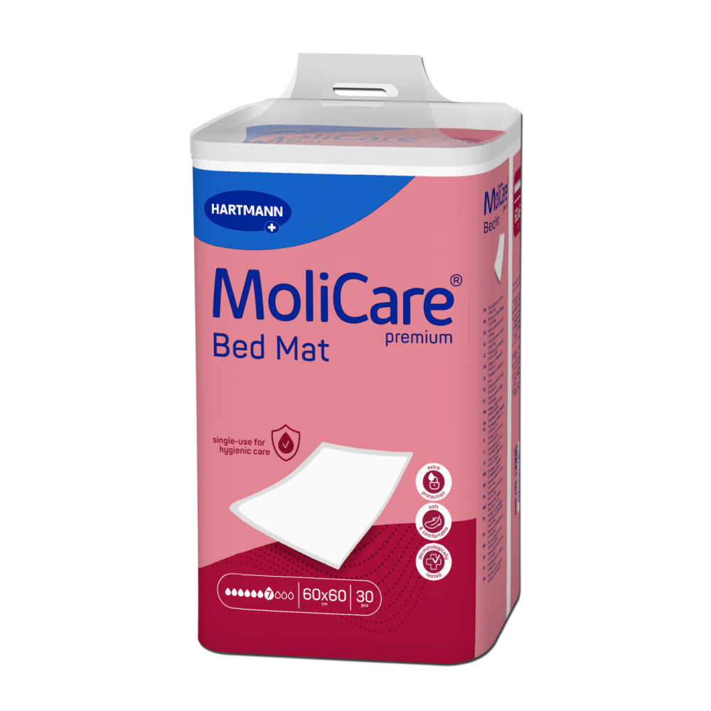 Frontalansicht einer Packung MoliCare Premium Bed Mat 7 Tropfen 60 x 60 cm.