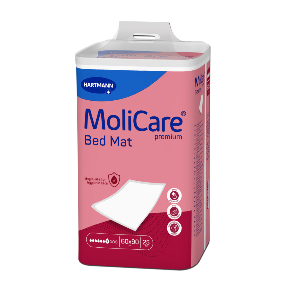 Frontalansicht einer Packung MoliCare Premium Bed Mat 7 Tropfen 60 x 90 cm 25er Pack.