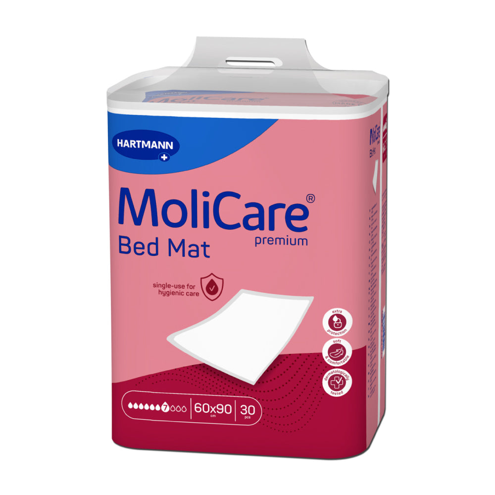 Frontalansicht einer Packung MoliCare Premium Bed Mat 7 Tropfen 60 x 90 cm 30er Pack.