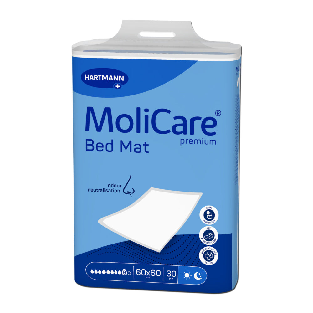 Frontalansicht einer Packung MoliCare Premium Bed Mat 9 Tropfen 60 x 60 cm.