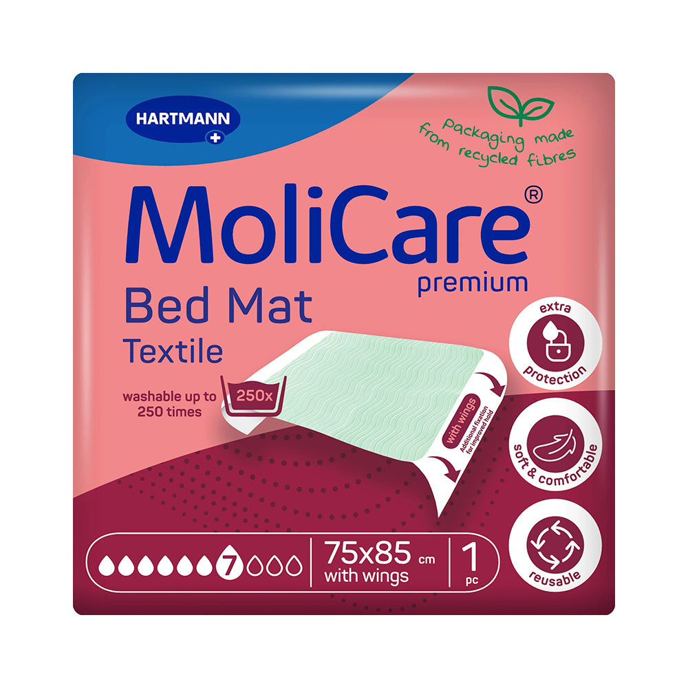 Produktbild der MoliCare Premium Bettschutzeinlage. Die Einlage hat die Abmessungen 75 x 85 cm und bietet einen effektiven Schutz für Matratzen. Sie ist in einem dezenten, blauen Design gehalten und verfügt über eine textile Oberfläche, die sowohl komfortabel als auch saugfähig ist. An den Seiten sind abgesteppte Flügel sichtbar, die eine bessere Anpassung an die Matratze ermöglichen. Die Einlage ist für den Einsatz bei Inkontinenz geeignet und eignet sich für den häuslichen Gebrauch.