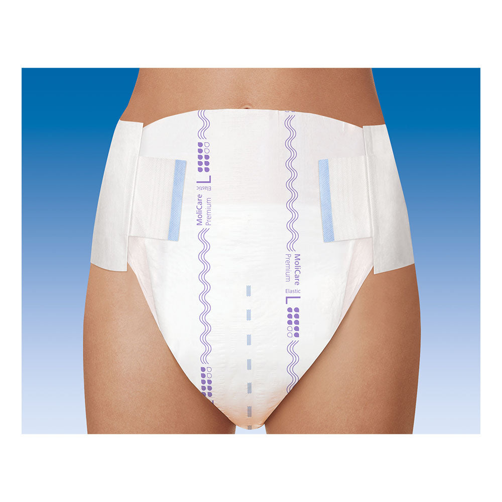 Abbildung eines MoliCare Premium Elastic 10 Tropfen Inkontinenzslips in Größe XL. Der Slip hat eine elastische Passform, die für mehr Komfort und Bewegungsfreiheit sorgt. Die Vorderseite des Produkts zeigt ein modernes Design mit ansprechenden Farbtönen. Der Slip verfügt über einen hohen Saugabsorptionswert von 10 Tropfen, was eine sichere Verwendung bei leichter bis mittlerer Inkontinenz gewährleistet.