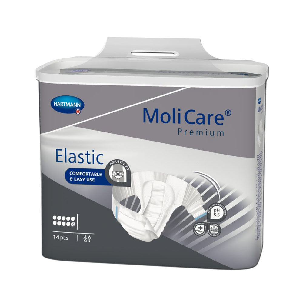 MoliCare Premium Elastic 10 Tropfen Inkontinenzslip, Größe XL, in einer Verpackung präsentiert. Der Slip ist in einem sanften, neutralen Farbton gehalten und weist elastische Seitenteile für hohen Tragekomfort auf. Die Vorderseite ist mit einem aufgedruckten Logo und Produkthinweisen versehen. Im Hintergrund sind subtile Designelemente zu erkennen, die das Produkt elegant umrahmen. Die Verpackung hebt sich vor einem hellen Hintergrund ab, was die Sichtbarkeit des Produkts verbessert.