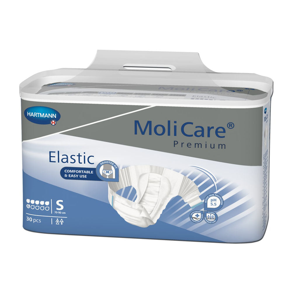 Bild eines Molicare Premium Elastic Inkontinenzslips in der Größe S. Der Slip ist auf einem hellen Hintergrund platziert und zeigt die elastischen Seiten und die spezielle Passform für verbesserte Beweglichkeit und Komfort. Die Verpackung ist klarsichtig, wodurch die Qualität und die einzelnen Details des Produktes gut erkennbar sind. Die Vorderseite des Slips hebt sich durch ein sanftes Design mit verschiedenen Versteifungselementen ab, die für zusätzlichen Halt und Schutz sorgen.