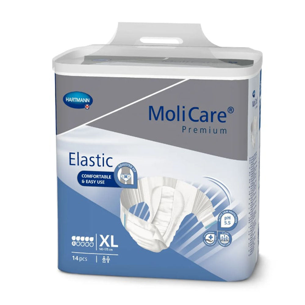 Ein Inkontinenzslip der Marke Molicare Premium in der Größe XL ist abgebildet. Der Slip hat ein elastisches Design und zeigt auf der Vorderseite eine weiße, weiche Stoffoberfläche mit einer feinen Struktur. Der Slip ist mit mehreren opportunen Markierungen versehen, die die Atmungsaktivität und Absorption betonen. Im Hintergrund ist die Verpackung angedeutet. Die Verpackung ist farbig und informativ gestaltet, bietet wichtige Produktinformationen sowie Vorteile wie hohen Tragekomfort und Schutz.