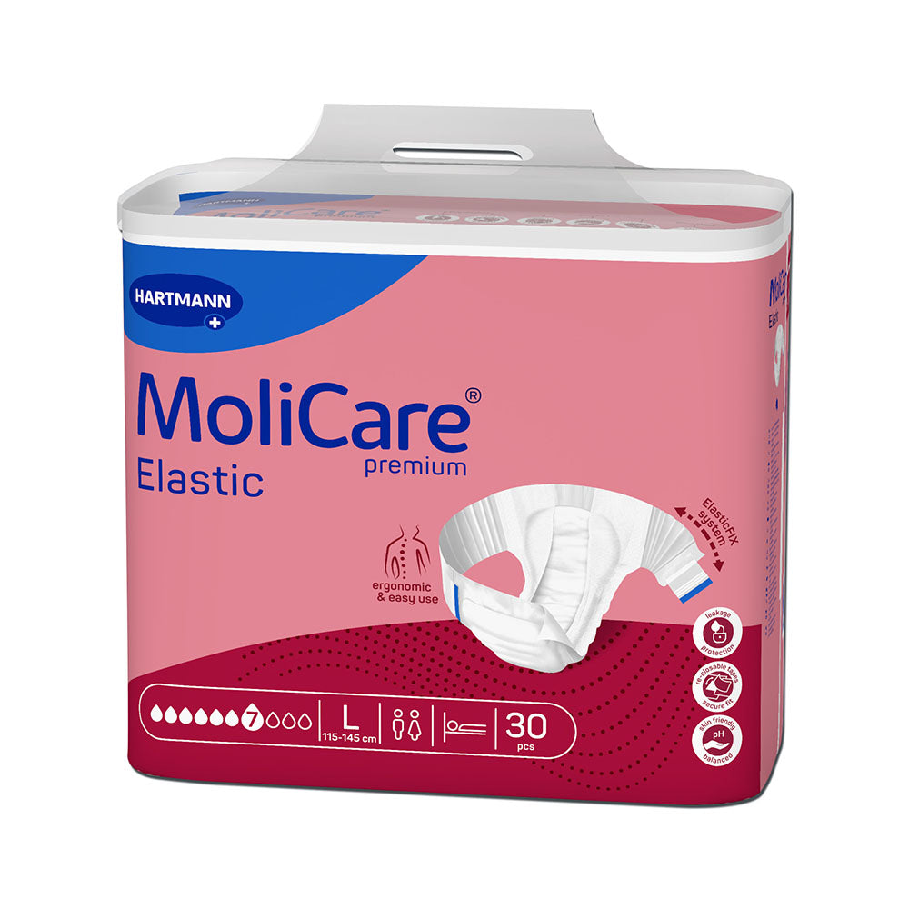 Produktbild von Molicare Premium Elastic 7 Tropfen Inkontinenzslips in Größe L. Das Paket zeigt eine moderne, ansprechende Verpackung mit blauen Farbtönen und einem klaren, gut lesbaren Schriftzug. Auf der Vorderseite sind Grafiken, die den hohen Saugkraftgrad (7 Tropfen) hervorheben. Die Bilddarstellung vermittelt das Gefühl von Komfort und Sicherheit. Der Slip erscheint elastisch und flexibel, ideal für den täglichen Gebrauch.