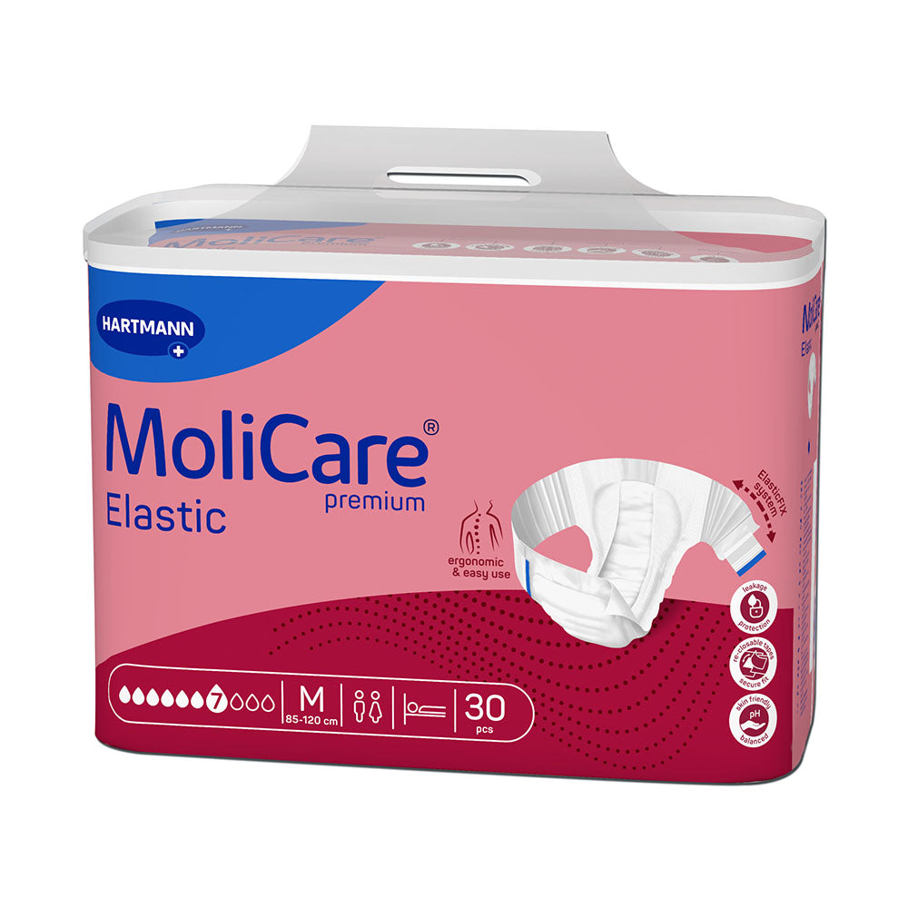 Produktbild eines MoliCare Premium Elastic 7 Tropfen Gr. M Inkontinenzslips. Die Verpackung zeigt ein modernes Design in Blau und Weiß, mit klaren Grafiken und einer Abbildung des Produkts. Darauf sind Tropfen als Symbol für hohe Saugfähigkeit abgebildet. In der oberen rechten Ecke steht „MoliCare Premium Elastic“, gefolgt von „7 Tropfen“ und „Gr. M“. Die Verpackung ist in der Mitte gut sichtbar, auf einem neutralen Hintergrund platziert.