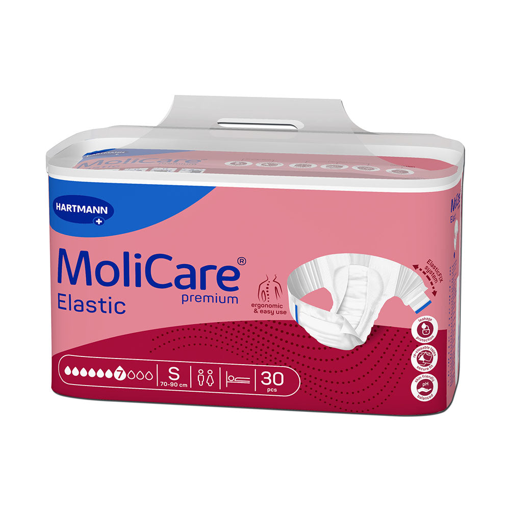 Molicare Premium Elastic 7 Tropfen Inkontinenzslip in der Größe S, abgebildet auf einem neutralen Hintergrund. Der Slip zeigt eine elastische, weiche Oberfläche mit seitlichen Gummizügen für optimalen Halt und Komfort. Die Oberfl äche ist in sanften Weißtönen gehalten und mit einem zarten Muster versehen. Auf dem linken oberen Bereich ist das Molicare-Logo sichtbar.