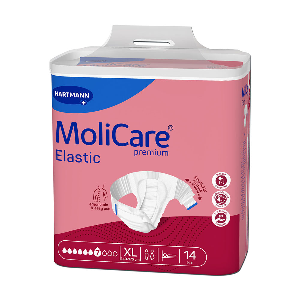 Bild eines MoliCare Premium Elastic 7 Tropfen XL Inkontinenzslips. Der Slip ist in einer transparenten Verpackung zu sehen, die Informationen zu Größe und Produktdetails zeigt. Die Verpackung ist farblich gestaltet und hebt die Hauptmerkmale wie hohe Saugfähigkeit hervor. Der Inkontinenzslip selbst hat elastische Seiten, die eine bequeme Anpassung ermöglichen.