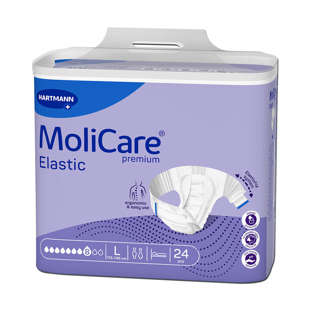 Molicare Premium Elastic Inkontinenzslips in der Größe L, Verpackung mit 8 Tropfen-Schutz. Das Bild zeigt die Produktverpackung, die eine helle, ansprechende Gestaltung aufweist. Der Hintergrund ist in sanften Farben gehalten, und die Verpackung hebt die wichtigsten Merkmale hervor, wie die hohe Saugfähigkeit und den elastischen Bund für optimalen Tragekomfort. Das Produkt ist ideal für Erwachsene mit Inkontinenz und bietet Sicherheit und Diskretion im Alltag.