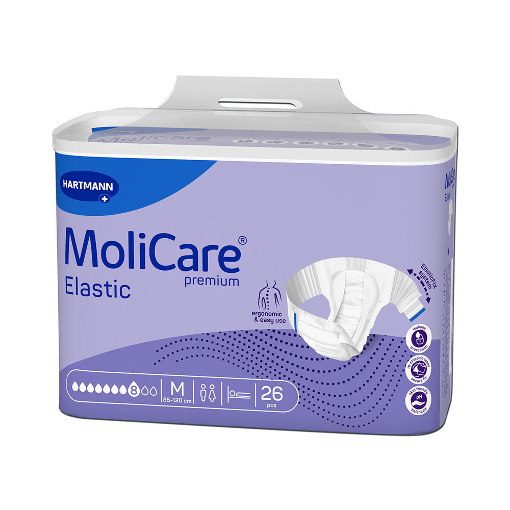 Molicare Premium Elastic Inkontinenzslips, in der Größe M, sind elastische, atmungsaktive und hautfreundliche Produkte zur absorbierenden Unterstützung bei Harn- und Stuhlinkontinenz. Die Verpackung zeigt eine professionelle Gestaltung mit markantem Logo und Produktbezeichnung. Die Vorderseite ist in sanften Farben gehalten, während die Rückseite verpackt und durch ein Sichtfenster teilweise sichtbar ist. Ideal für aktive Nutzer, bieten sie sicheren Schutz und Komfort im Alltag.