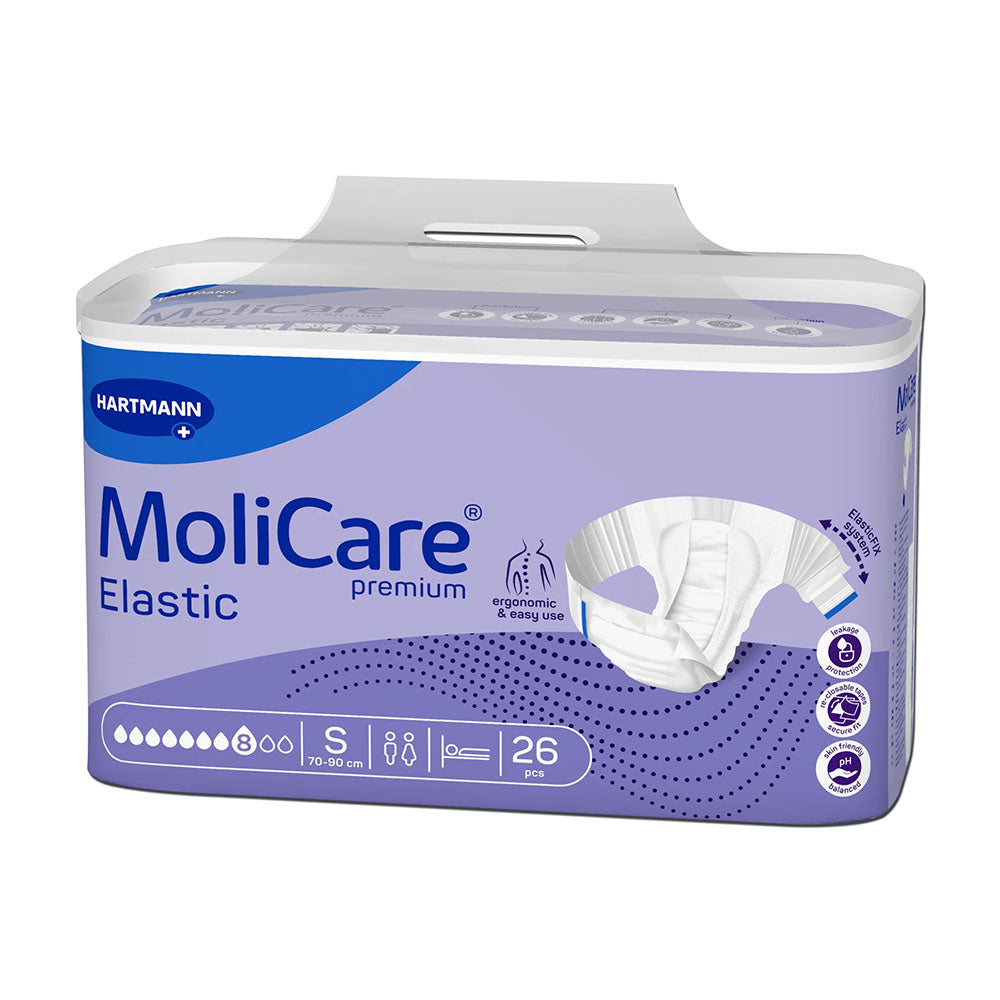 Produktbild eines MoliCare Premium Elastic Inkontinenzslips in der Größe S, die in folgender Ausführung zu sehen ist: Der Slip hat eine elastische, atmungsaktive Außenschicht und ein Diskret-Design für optimalen Komfort. Die Vorderseite zeigt das Produkt mit einer sanften Farbpalette und einem zeitgemäßen Muster. Im Hintergrund sind eine maßliche Angabe und die Tropfen-Zahlierung für die Aufnahmefähigkeit zu erkennen.