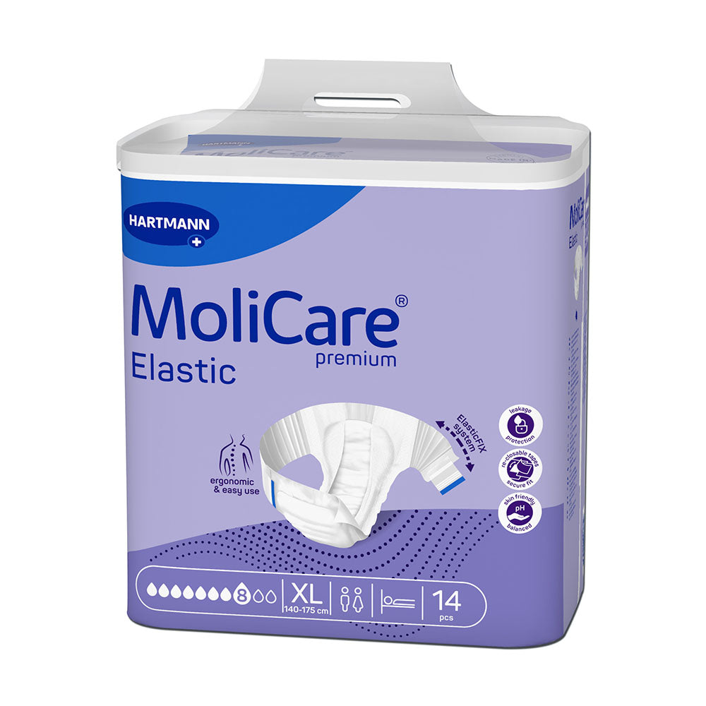 Molicare Premium Elastic 8 Tropfen XL Inkontinenzslips in einer packungsansicht. Die Verpackung zeigt einen weißen Hintergrund mit abgebildetem Produkt und Informationen wie der Tropfenanzahl und Größe 'XL'. Das Design ist modern, mit einem klaren Logo und attraktiven Farben, die das Produkt herausheben. Eine Illustration des Slips verdeutlicht die bequeme Passform und Elastizität.