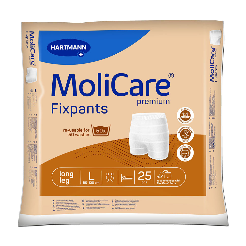 Bild eines Produkts: MoliCare Premium Fixpant, Größe L, im 25er-Pack. Die Fixierhose ist aus weißem, atmungsaktivem Material und hat einen elastischen Bund für besseren Sitz und Komfort. Sie zeigt sich in einer Packung, die vorne das Produktbild und den Markennamen in blauer Schrift darstellt. Das Design ist funktional und ergonomisch, ideal für die sichere Fixierung von Inkontinenzhilfen.