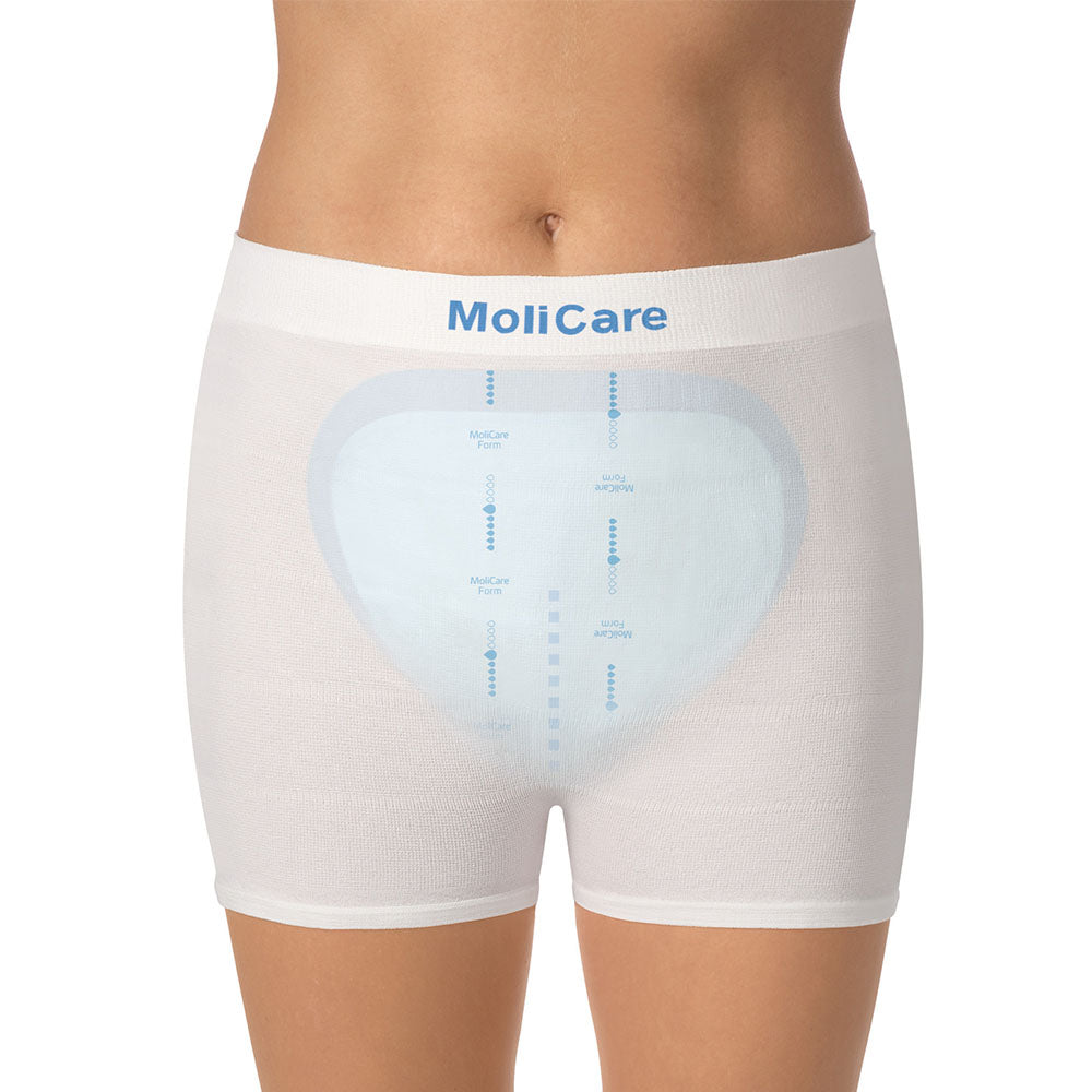 Produktbild der Molicare Premium Fixpants in Größe L, die in einem 25er-Pack angeboten werden. Die Fixierhosen sind ideal für die Sicherung von Inkontinenzprodukten und bieten eine bequeme Passform. Sie sind atmungsaktiv und hautfreundlich, mit einem elastischen Bund für zusätzlichen Komfort. Die Verpackung ist ansprechend gestaltet und zeigt das Produkt sowie die wichtigsten Informationen. Die Farbe der Hosen ist zart und neutral, was eine diskrete Nutzung ermöglicht.