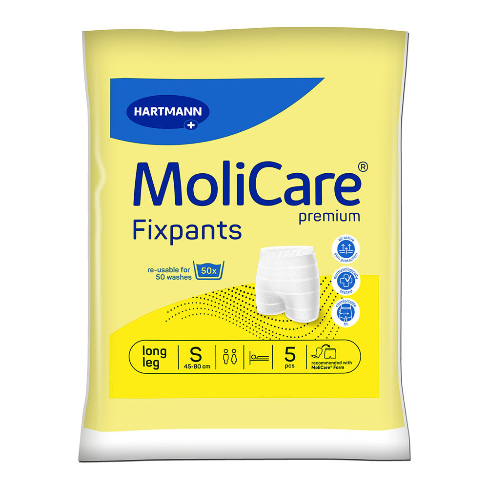 Ein 5er-Pack MoliCare Premium Fixierhosen in Größe S ist auf dem Bild zu sehen. Die Fixierhosen sind in einem schlichten, hellen Farbton gehalten, der ansprechend und unauffällig wirkt. Sie sind speziell für die Fixierung von Inkontinenzhilfen konzipiert und bieten eine elastische Passform für maximalen Komfort. Die Verpackung ist übersichtlich gestaltet und zeigt deutlich die Produktbezeichnung sowie die Größe.