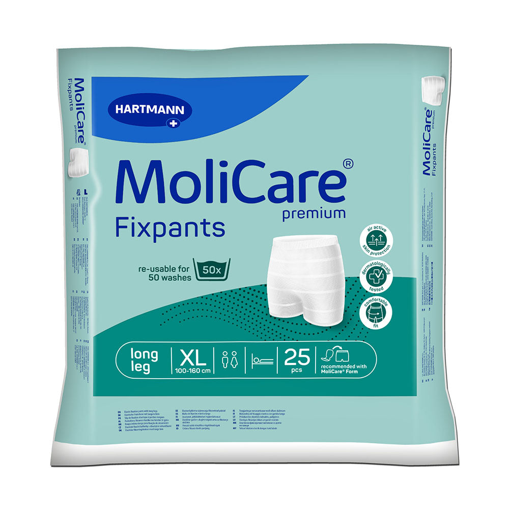 Bild eines Produkts mit Molicare Premium Fixpants in Größe XL, präsentiert in einer Packung mit 25 Fixierhosen. Die Hosen sind in einer weißen Farbe gehalten und scheinen aus einem atmungsaktiven, elastischen Material zu bestehen, das für Komfort und Anpassungsfähigkeit sorgt. Auf der Verpackung sind farbige Grafiken sowie der Produktname und die Größenangabe gut sichtbar. Im Hintergrund ist ein heller, neutraler Farbton, der die Fixierhosen hervorhebt.