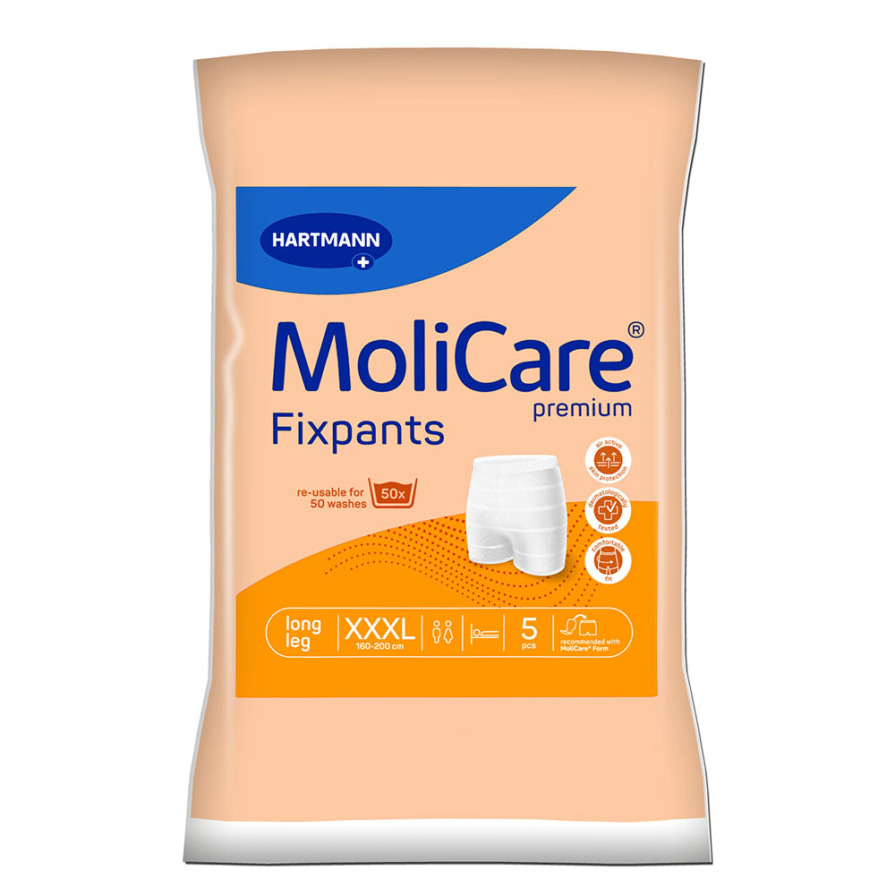 Produktbild von MoliCare Premium Fixpants in der Größe XXXL. Die Fixierhosen sind in einem schlichten, hellen Blau gehalten und wirken weich und elastisch. Sie sind teiltransparent mit einem bequemen Gummibund und bieten eine hohe Flexibilität für einen angenehmen Sitz. Das Bild zeigt die Hosen in einer übersichtlichen Packung zu fünf Stück. Der Fokus liegt auf der Funktionalität und dem bequemen Design der Fixierhosen, die für den Einsatz mit Inkontinenzhilfen konzipiert sind.