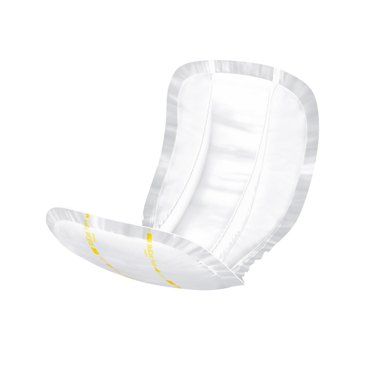 Produktbild einer MoliCare Premium Form 3 Inkontinenzvorlage. Die Vorlage ist speziell für starke Inkontinenz geeignet und zeigt eine ergonomische Form. Sie ist in der Mitte stark gepolstert und verfügt über seitliche Bänder, die eine optimale Passform bieten. Die Oberfläche ist weich und atmungsaktiv, was für ein angenehmes Tragegefühl sorgt. Das Paket ist in einem hellen, ansprechenden Design gehalten, das das Logo von MoliCare sowie Produktinformationen und Illustrationen zur Anwendung enthält.