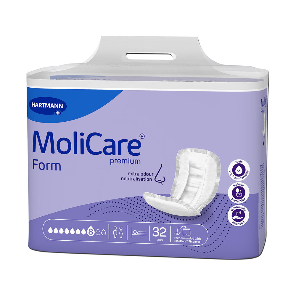 Ein Paket mit Molicare Premium Form 8 Inkontinenzvorlagen steht im Vordergrund. Die Verpackung ist in sanften Blau- und Grüntönen gehalten und zeigt oben den Markennamen und die Produktspezifikationen. Auf der Vorderseite sind Symbole für Saugfähigkeit, Hautschutz und Anwendung dargestellt. Im Hintergrund ist ein heller und neutraler Untergrund, der das Produkt betont. Die Vorlagen sind für mittlere bis starke Inkontinenz ausgelegt und bieten Komfort sowie Sicherheit für die Nutzer.