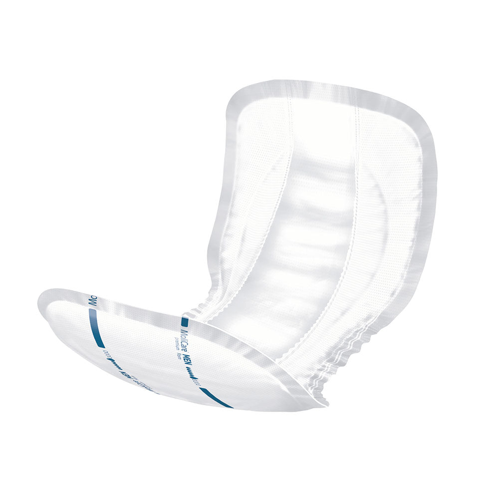 Produktabbildung der Molicare Premium Form Men Inkontinenzvorlagen. Die Verpackung zeigt ein modernes Design mit einer dominierenden Farbgebung in Blau und Weiß. Oben links ist das Logo von Molicare zu sehen, gefolgt von der Aufschrift „Premium Form Men“ in klarer, lesbarer Schrift. In der Mitte sind Abbildungen von den Inkontinenzvorlagen selbst zu erkennen, die besonders für Männer entwickelt wurden. Unten rechts ist die Kennzeichnung „6 Tropfen“ zu sehen, was auf die hohe Saugfähigkeit hinweist.