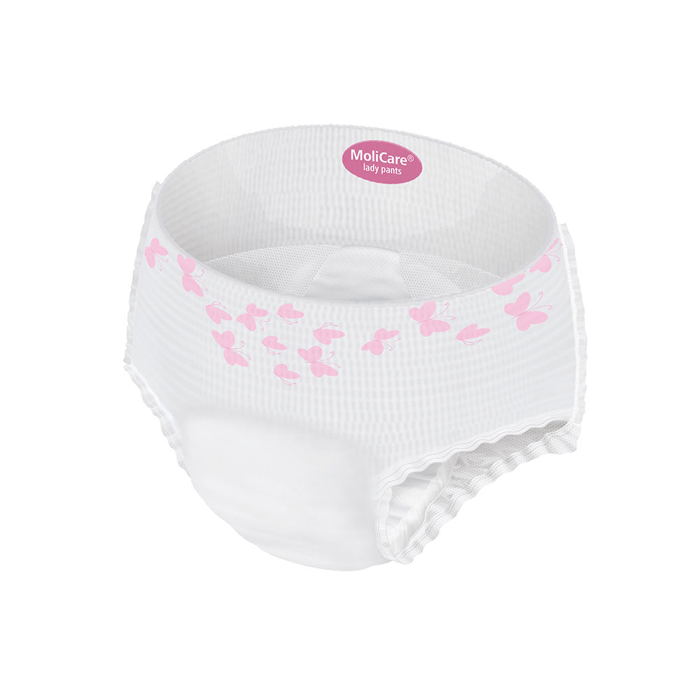 MoliCare Premium Lady Pants in Größe L für Damen, geeignet für die Inkontinenzversorgung. Die Verpackung zeigt ein stilvolles Design in sanften Farben, mit einem klaren Blick auf das Produkt. Die Pants sind atmungsaktiv, bieten Komfort und Schutz, wobei fünf Tropfen die Absorptionsstärke kennzeichnen. Die Vorderseite der Verpackung hebt besondere Merkmale hervor, wie die anatomische Passform und die diskrete Silhouette. Ideal für aktive Frauen, die auch bei Inkontinenz mobil bleiben möchten.
