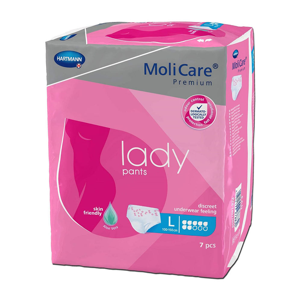 Molicare Premium Lady Pants, Größe L, für einen Hüftumfang von 100-150 cm. Die angezeigte Packung zeigt ein einzelnes Produkt, das sich durch ein feminines Design und praktische Verwendung auszeichnet. Die Inkontinenzhosen sind hellblau und haben eine weiche Oberfläche. Sie sind atmungsaktiv und bieten hohen Tragekomfort. Das Bild zeigt die Vorderansicht der Packung mit Illustrationen, die die Anwendung und Vorzüge hervorheben. Ideal für Frauen, die Unterstützung und Sicherheit im Alltag suchen.