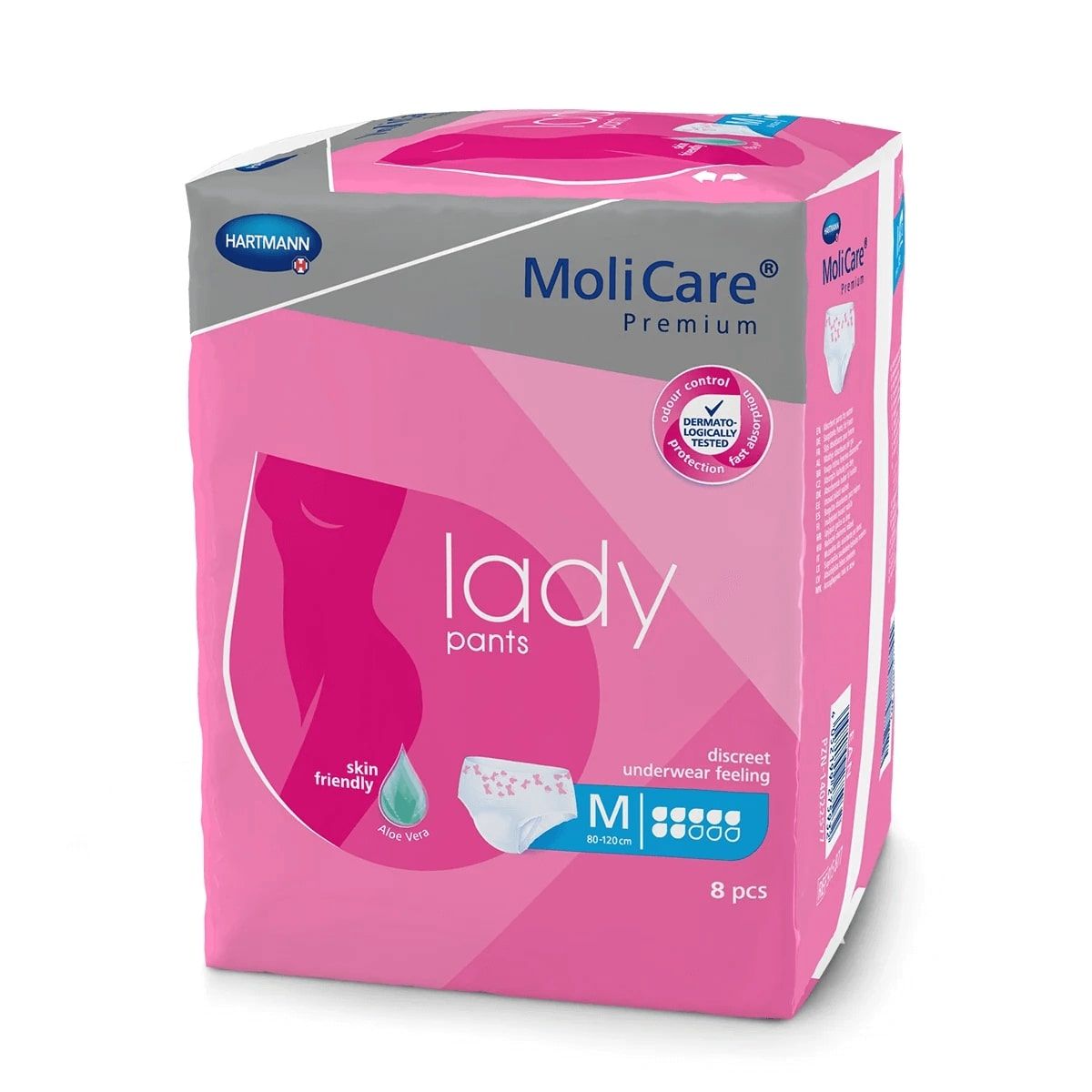 Bildbeschreibung: Das Produktbild zeigt eine Packung MoliCare Premium Lady Pants in der Größe M, ausgelegt für Inkontinenz. Die Packung ist in sanften Farben gehalten und hebt das Produktdesign hervor. Auf der Vorderseite sind das Logo und die Bezeichnung "7 Tropfen" deutlich sichtbar, was auf die hohe Saugfähigkeit hinweist. Darüber hinaus sind ansprechende Grafiken zu sehen, die die Vorteile und Funktionalitäten der Pants verdeutlichen.