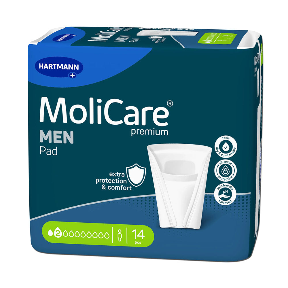 Produktbild einer MoliCare Premium Men Pad - Inkontinenzeinlage mit zwei Tropfen-Symbol. Die Einlage ist in einer frischen grünen Verpackung dargestellt, die den Namen "MoliCare Premium Men Pad" sowie die Angabe von zwei Tropfen für hohe Saugfähigkeit zeigt. Die Vorderseite der Verpackung zeigt eine stilisierte Männerfigur und bietet klare Informationen über die Funktion und Einsatzbereich der Inkontinenzeinlage.