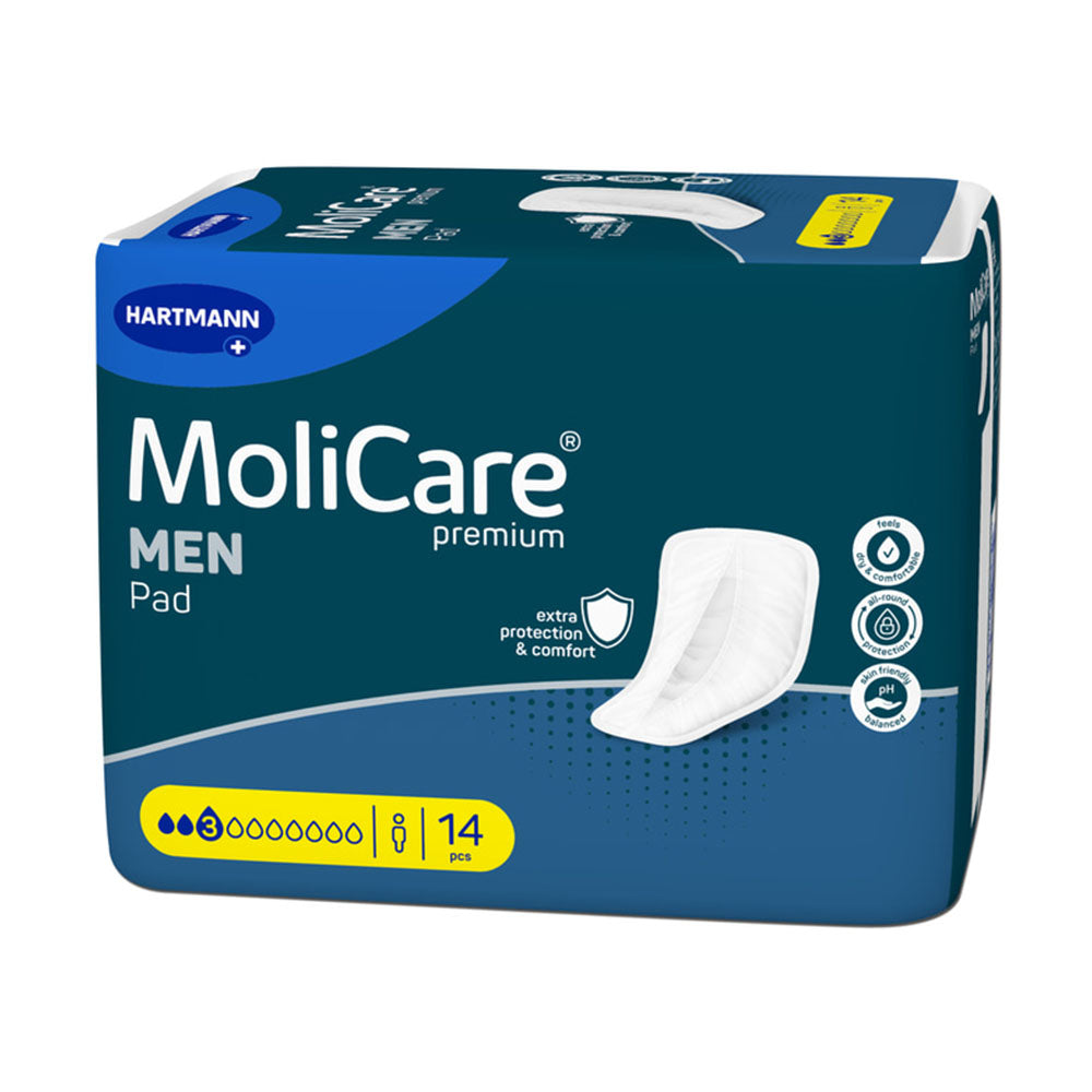 Molicare Premium Men Pad mit 3 Tropfen, ein speziell für Männer entwickeltes Inkontinenzprodukt. Die Einlage ist in einer hygienischen, blauen Verpackung präsentiert und verfügt über eine robuste Saugfähigkeit, die für moderate Inkontinenz geeignet ist. Das Produkt zeigt eine anatomische Form, die für optimalen Sitz sorgt. Die Oberfläche ist weich und hautfreundlich, um den Tragekomfort zu erhöhen.
