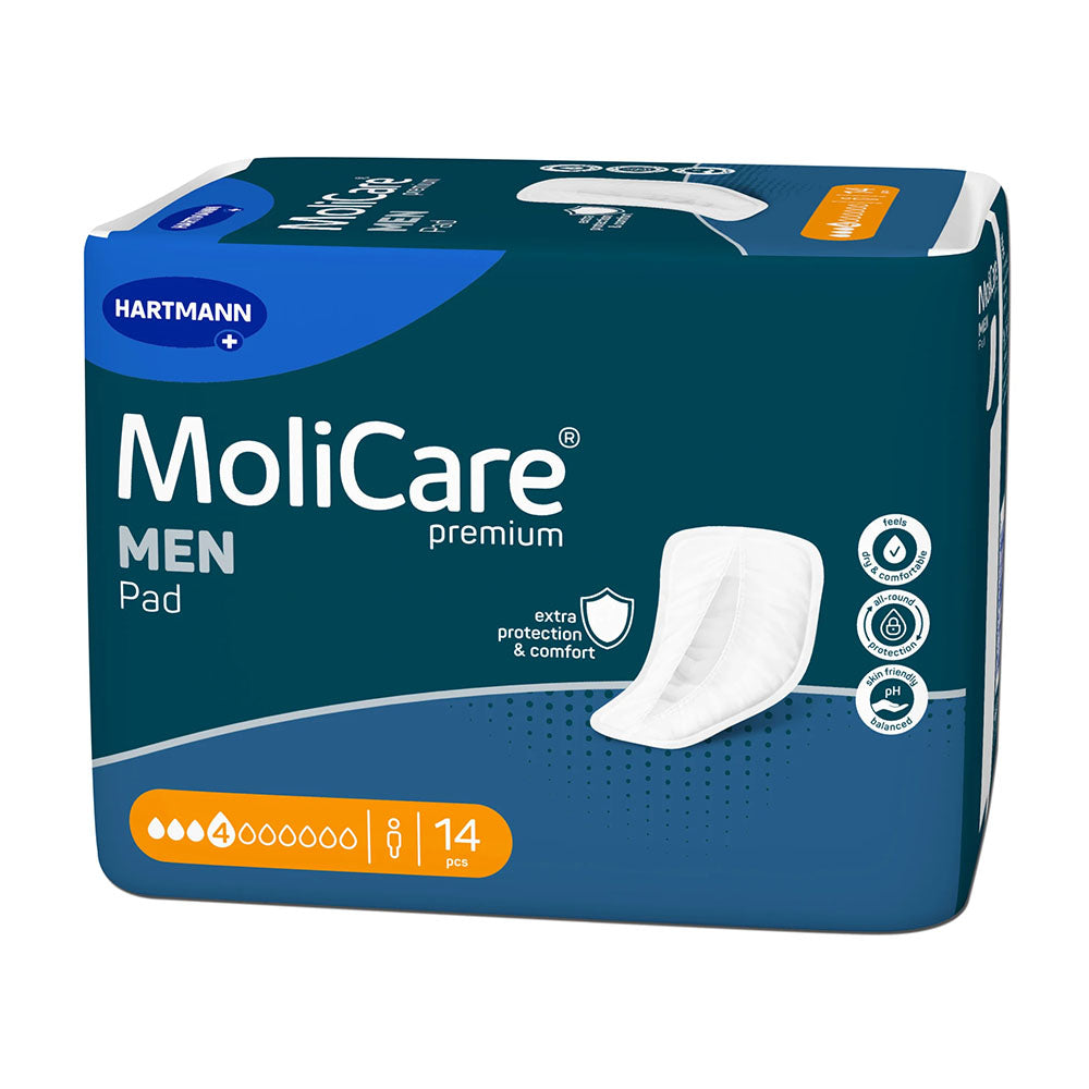 Das Bild zeigt eine Verpackung von MoliCare Premium Men Pads mit 4 Tropfen, die speziell für die Inkontinenzhilfe für Männer entwickelt wurden. Die Vorderseite der Packung ist prominent sichtbar und hebt die wichtigsten Merkmale hervor, darunter das Produktlabel und die Tropfenskala, die die Saugfähigkeit anzeigt. Die Packung hat eine schlichte, ansprechende Gestaltung mit einer blauen und weißen Farbpalette. Im Hintergrund sind unscharfe Elemente zu sehen, die den Fokus auf das Produkt lenken.
