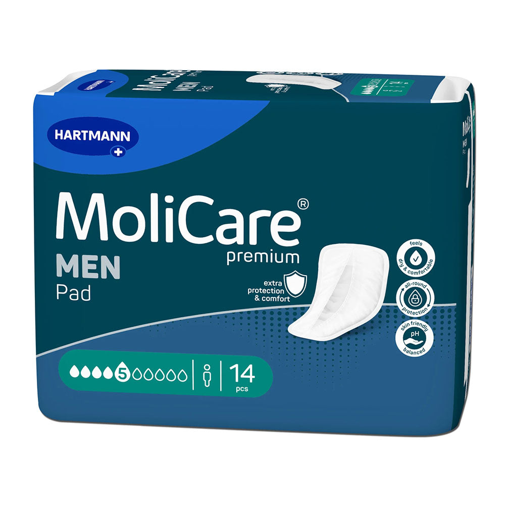 Molicare Premium Men Pad, 5 Tropfen, Inkontinenzeinlagen in einer transparenten Verpackung. Die Pads sind speziell für Männer konzipiert und bieten zuverlässigen Schutz bei leichter bis mittlerer Inkontinenz. Das Produkt ist diskret, saugfähig und anatomisch geformt, um eine optimale Anpassung zu gewährleisten. Auf der Verpackung sind wichtige Informationen sowie die Produktbezeichnung deutlich sichtbar.