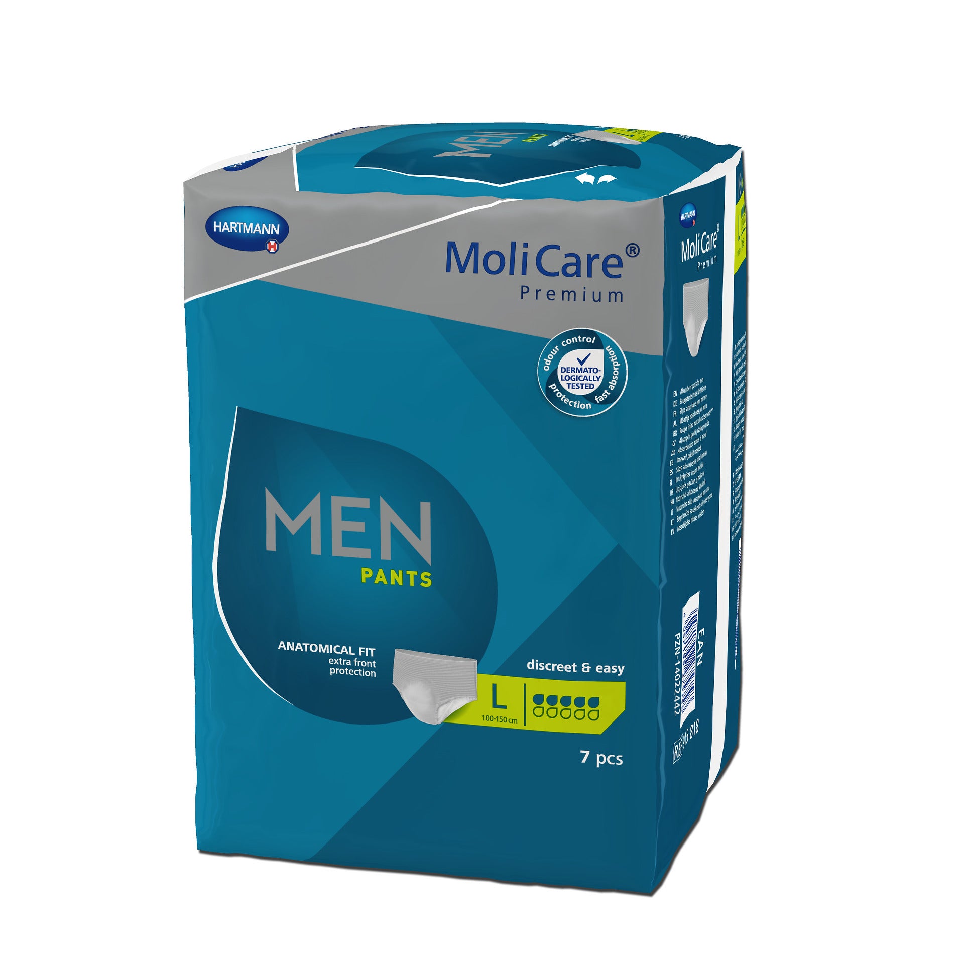 Bild eines Produkts mit der Bezeichnung "MoliCare Premium Men Pants". Die Packung enthält Inkontinenzhosen und ist für Männer geeignet. Auf dem Vordergrund der Verpackung sind die wichtigsten Merkmale hervorgehoben: 5 Tropfen für hohe Absorption und Geruchsschutz. Die Größe ist XL (Extra Large). Der Hintergrund der Packung ist in einem sanften Blau gehalten, was eine beruhigende Ausstrahlung verleiht. Auf der Rückseite sind zusätzliche Informationen über die Vorteile und Anwendung des Produkts abgebildet.