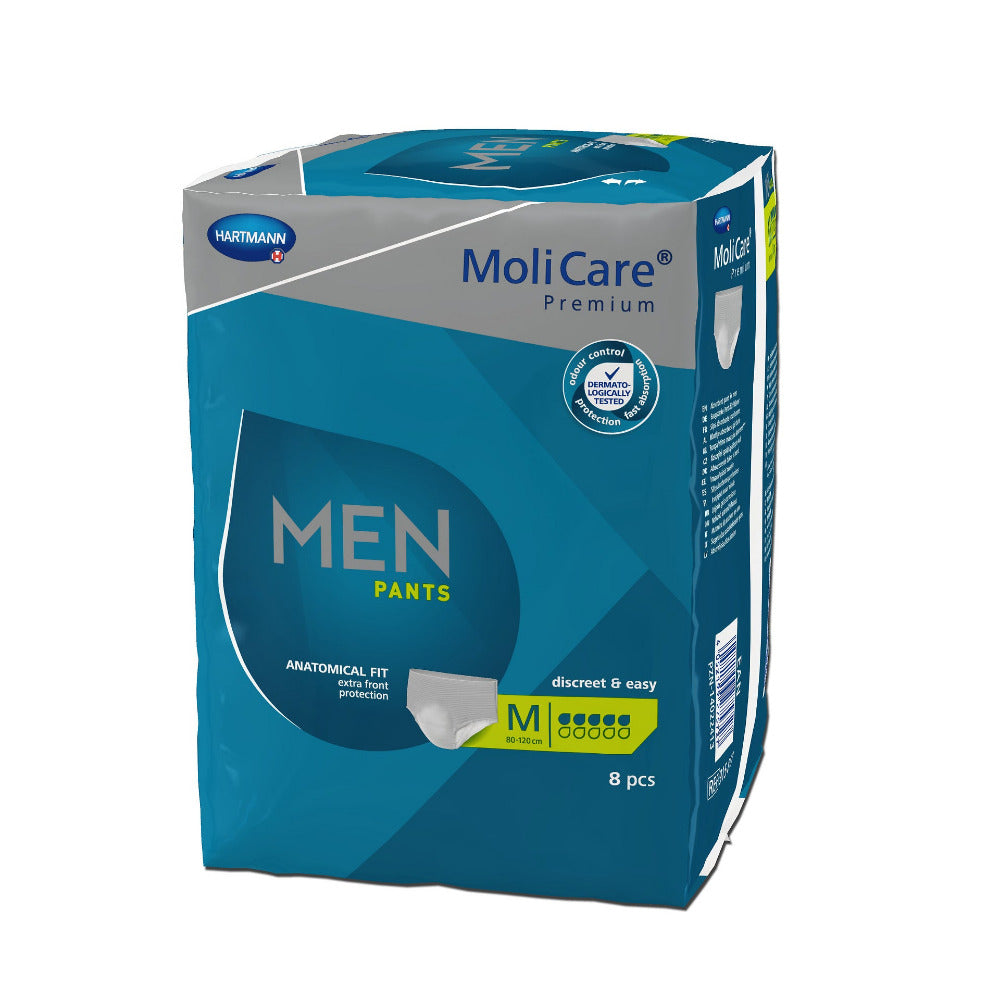 Produktbild der MoliCare Premium Men Pants in Größe M mit 5 Tropfen. Die Unterhose steht auf einem hellen Hintergrund, umgeben von sanften Schatten. Die Pants sind in einem Dunkelblau gehalten, mit einem flexiblen Bund, der eine bequeme Passform verspricht. Auf der Vorderseite sind Informationen über die Produktmerkmale aufgedruckt, darunter eine klare Darstellung der Schutzeigenschaften. Die Oberfläche der Pants ist weich und atmungsaktiv dargestellt.