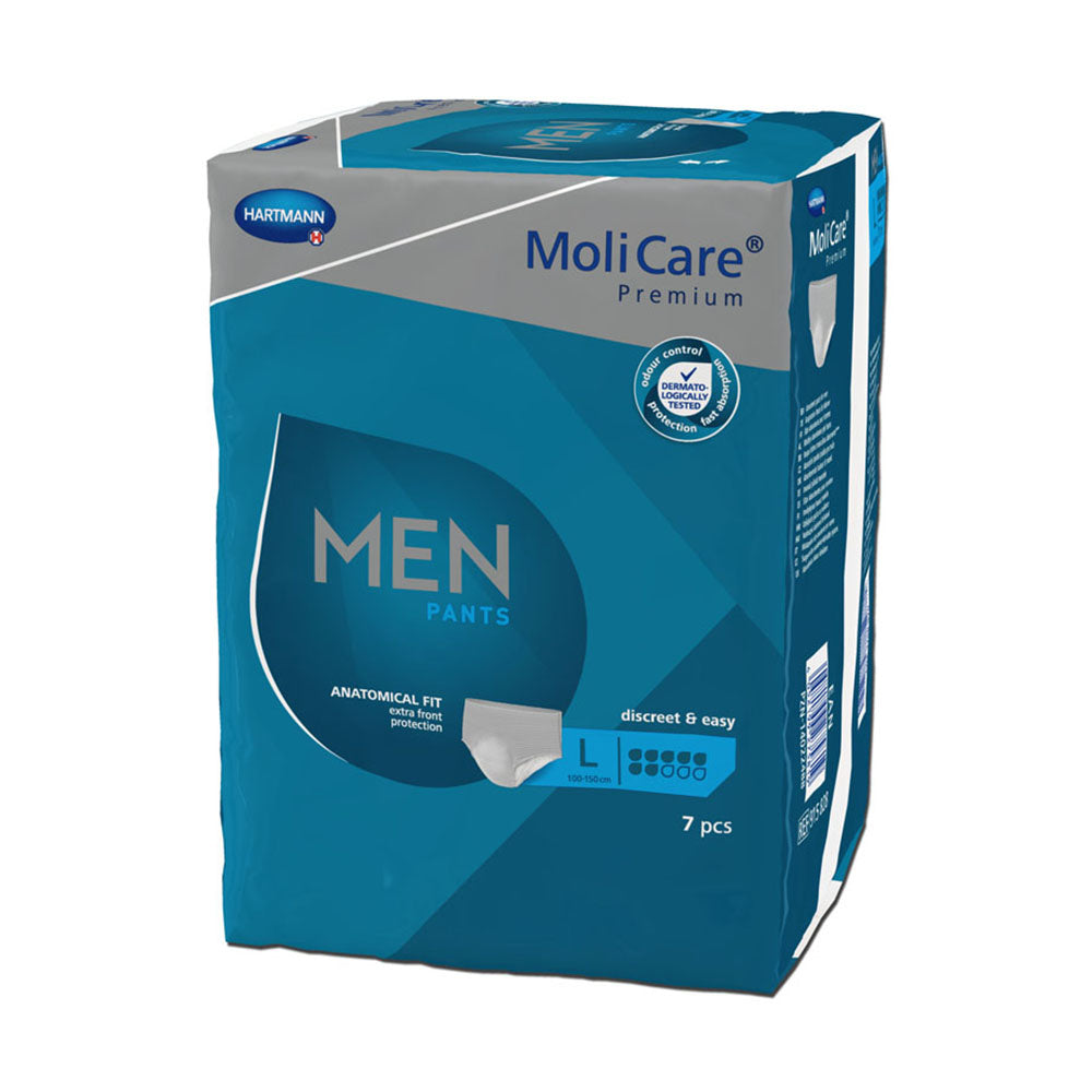 Detaillierte Produktabbildung eines Päckchens MoliCare Premium Men Pants in der Größe L. Die Verpackung ist in Weiß und Blau gehalten und zeigt deutlich die Produktbezeichnung sowie die 7 Tropfen für die Absorptionsfähigkeit. Auf der Vorderseite sind auch Informationen zur Größe und Zielgruppe abgebildet. Im Hintergrund ist ein sanftes, helles Muster zu sehen.