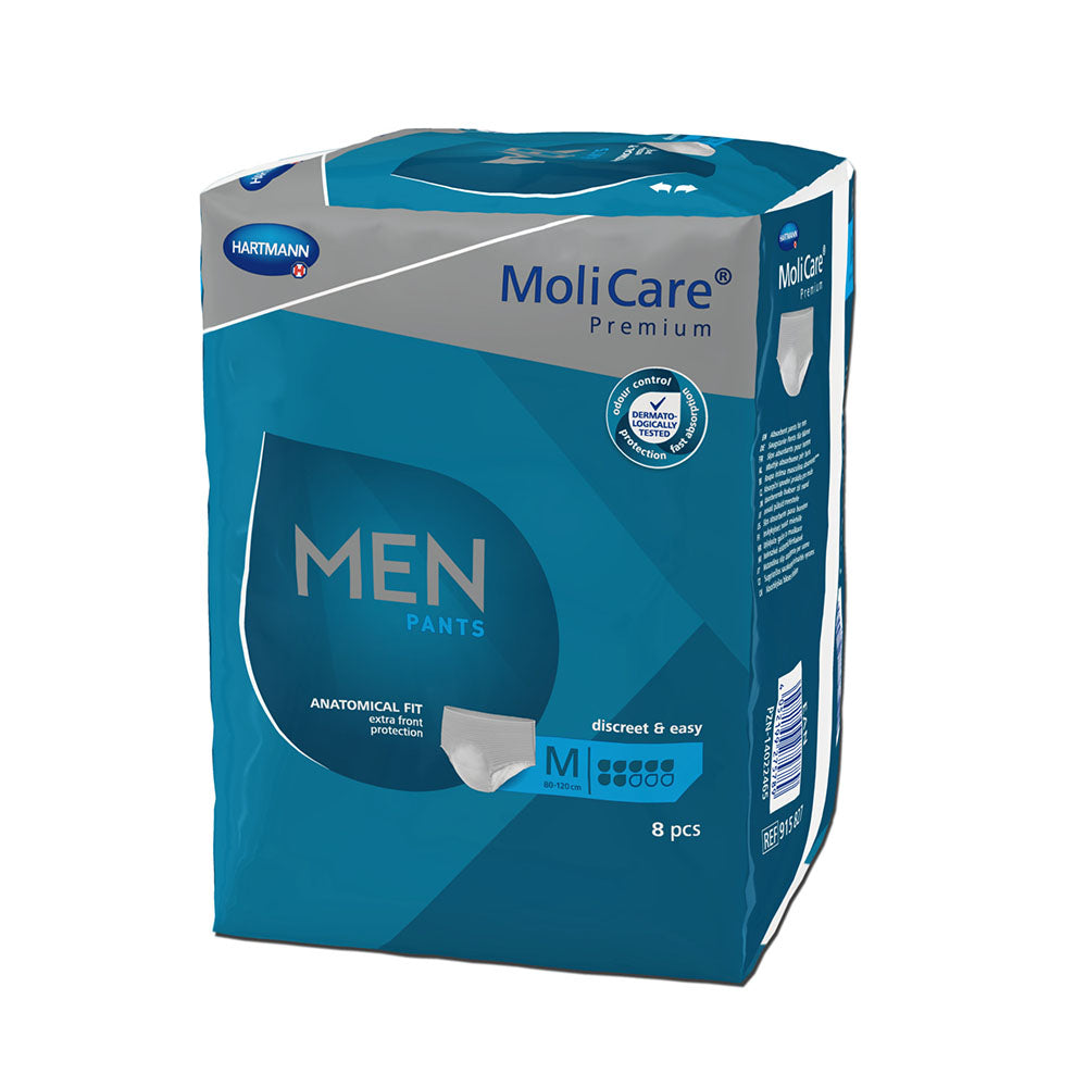 Ein Produktbild von Molicare Premium Men Pants in der Größe M, gekennzeichnet mit 7 Tropfen für hohe Saugfähigkeit. Die Unterwäsche ist in einer neutralen Farbe gehalten und zeigt eine anatomisch angepasste Form für Männer. Auf dem Bild sind die elastischen Bündchen und die spezielle Innenkonstruktion sichtbar, die für optimalen Sitz und Komfort sorgen. Der Hintergrund ist schlicht, um den Fokus auf das Produkt zu legen.