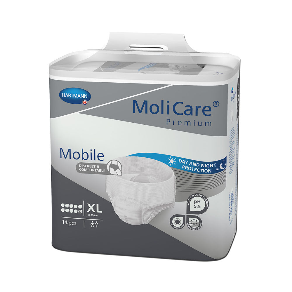 Molicare Premium Mobile 10 Tropfen, XL Inkontinenzhosen in Originalverpackung. Die packung hebt sich mit einer vorwiegend weißen Hintergrundfarbe hervor, darauf befindet sich das Molicare-Logo in Blau. Im Vordergrund ist eine stilisierte Darstellung der Inkontinenzhosen zu sehen, die durch eine einfache Grafik verdeutlicht, dass es sich um ein Produkt für aktive Menschen handelt. Oben ist die Anzahl der Hosen abgedruckt, unten Hinweise zur Hautfreundlichkeit und den verfügbaren Größen.