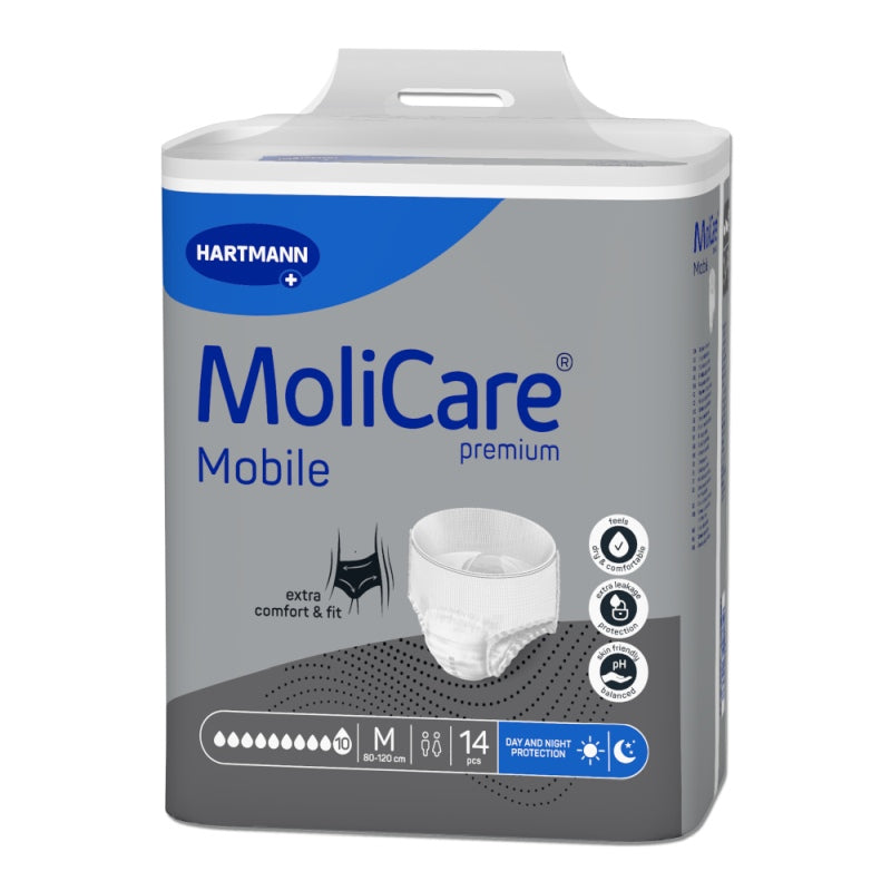 Molicare Premium Mobile 10 Tropfen M ist ein Produkt, das in einer attraktiven Verpackung präsentiert wird. Die Packung zeigt einen blauen Hintergrund mit weißen und grünen Akzenten. Auf der Vorderseite steht der Produktname deutlich in weißen Buchstaben. Die Packung enthält 10 Tropfen, die für Erwachsene empfohlen sind und eine hohe Saugfähigkeit bieten. Das Bild vermittelt ein Gefühl von Hygiene und Qualität, ideal für den Einsatz in der Pflege und bei Inkontinenz.