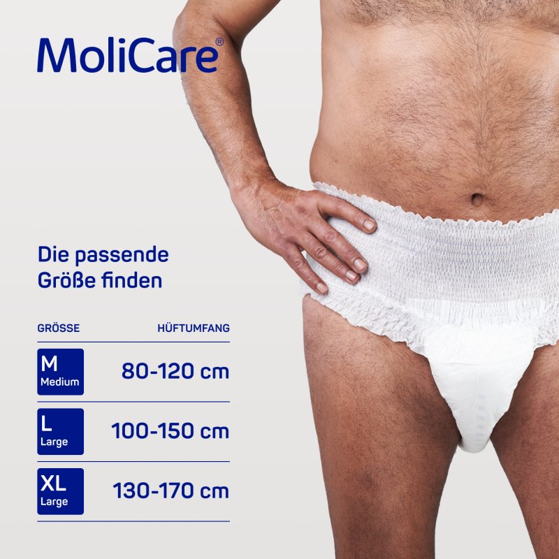 Das Bild zeigt eine Packung MoliCare Premium Mobile, Größe M, mit 10 Tropfen. Die Verpackung ist in einem ansprechenden, modernen Design gehalten und trägt die Farben Blau und Weiß. Auf der Vorderseite sind Produktinformationen klar lesbar, einschließlich des Produkttyps und der Anzahl der enthaltenen Einheiten. Im Hintergrund sind undeutlich graue und weiße Farbtöne zu erkennen, die einen neutralen Kontrast zur Verpackung bilden.