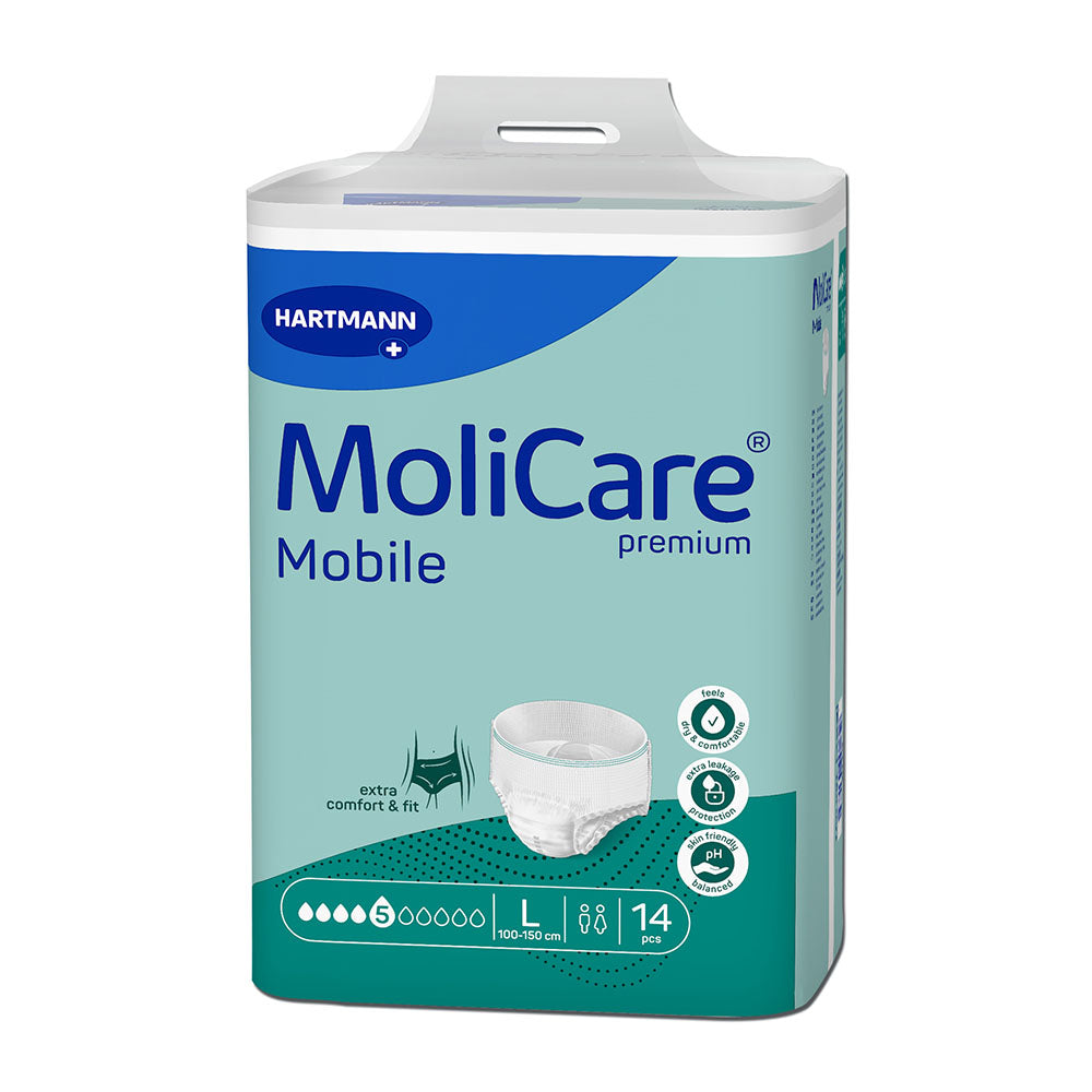 Molicare Premium Mobile 5 Tropfen, Größe Large, Verpackung auf weißem Hintergrund. Die blaue Packung zeigt einen klaren, modern gestalteten Schriftzug mit dem Logo und Produkttyp. Auf der Vorderseite sind die wichtigsten Produktmerkmale hervorgehoben, darunter Saugstärke und Größe. Die Verpackung hat ein ansprechendes Design mit sanften Farben, das Vertrauen und Qualität vermittelt. Ideal für die Bedürfnisse von Menschen mit Inkontinenz.