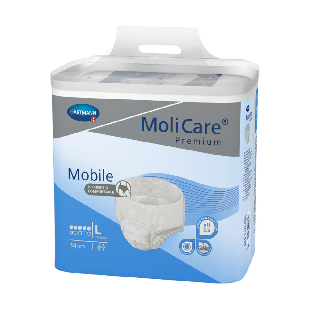 Molicare Premium Mobile Inkontinenz Pants in der Größe L mit 6 Tropfen Absorptionsfähigkeit. Die Verpackung zeigt ein ansprechendes Design in mehreren Farben, hauptsächlich Blau und Weiß, mit deutlichem Produkttitel und Markennamen. Im Hintergrund ist eine stilisierte Abbildung eines lächelnden, aktiven älteren Mannes zu sehen, der die Freiheit und Sicherheit der Pants vermittelt.