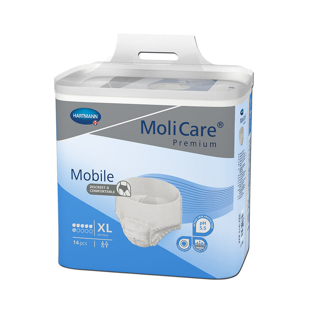 Das Bild zeigt ein Produktpaket von MoliCare Premium Mobile, speziell für Inkontinenz, in der Größe XL. Die Vorderseite des Pakets ist klar und farbenfroh gestaltet, mit der Produktbezeichnung und einer Visualisierung von tropfenförmigen Symbolen, die auf die hohe Aufnahmefähigkeit hinweisen. Der Hintergrund ist in einem dezenten Farbton gehalten, der die wichtigsten Informationen hervorhebt.